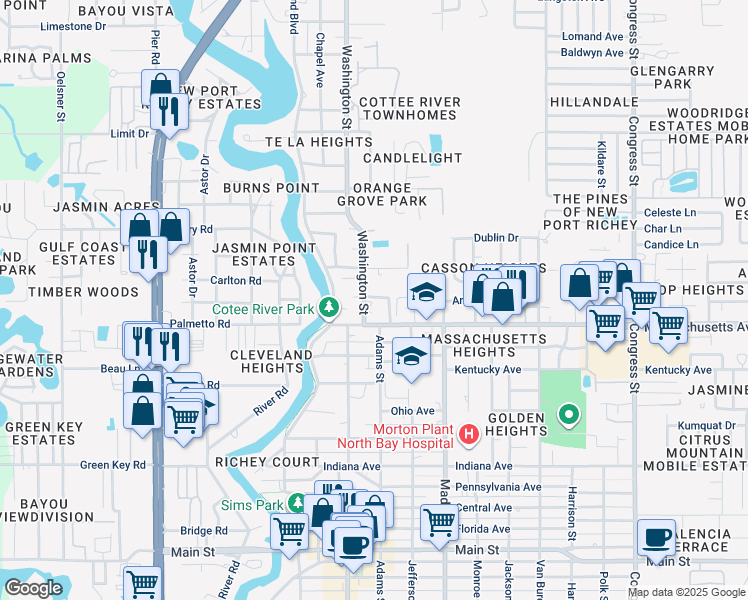 map of restaurants, bars, coffee shops, grocery stores, and more near 5808 Olive Drive in New Port Richey