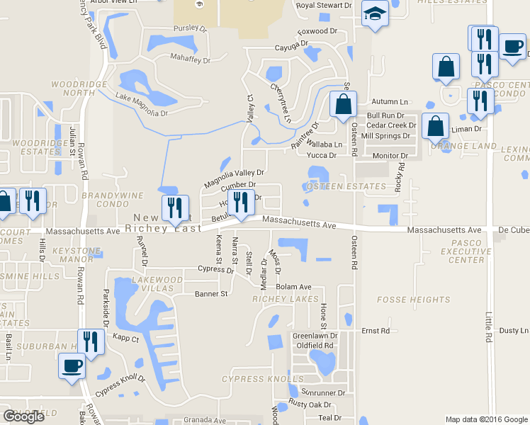 map of restaurants, bars, coffee shops, grocery stores, and more near 7638 Mora Court in New Port Richey