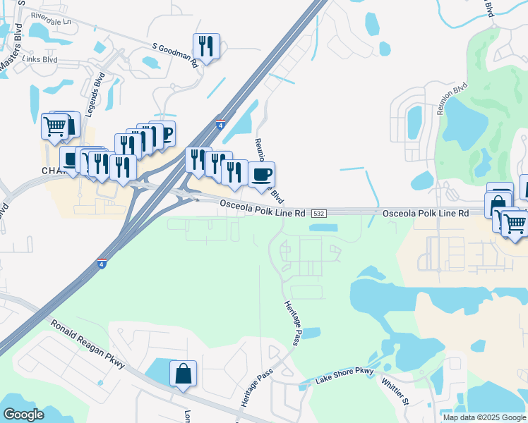 map of restaurants, bars, coffee shops, grocery stores, and more near 8010 Osceola Polk Line Road in Four Corners