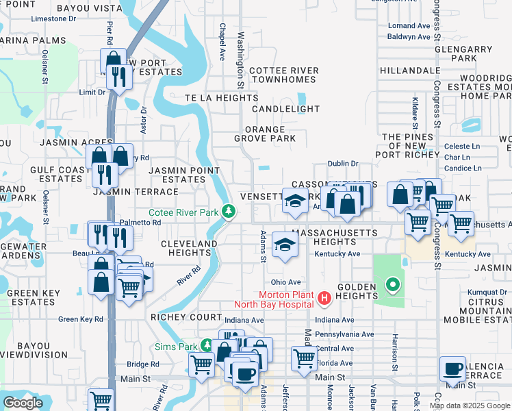 map of restaurants, bars, coffee shops, grocery stores, and more near 7036 Washington Street in New Port Richey