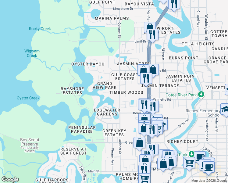 map of restaurants, bars, coffee shops, grocery stores, and more near 4928 Ladyfish Court in New Port Richey