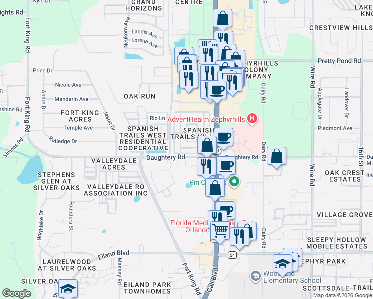 map of restaurants, bars, coffee shops, grocery stores, and more near 37807 Barcelona Avenue in Zephyrhills