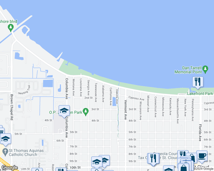 map of restaurants, bars, coffee shops, grocery stores, and more near 2309 Lakeshore Boulevard in Saint Cloud