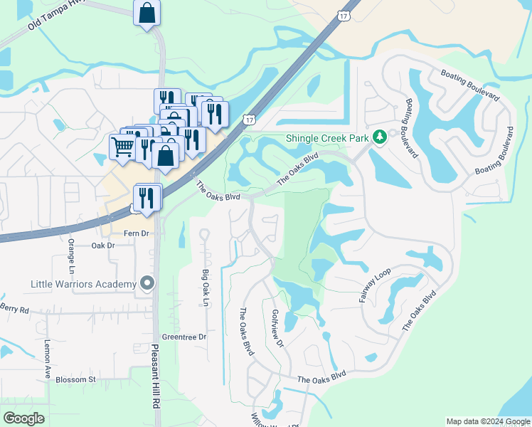 map of restaurants, bars, coffee shops, grocery stores, and more near 2836 Osprey Cove Place in Kissimmee