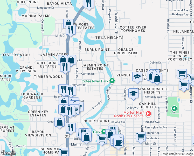 map of restaurants, bars, coffee shops, grocery stores, and more near 5506 Carlton Road in Port Richey