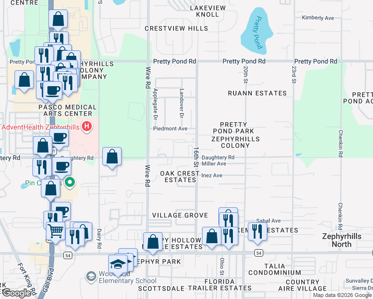 map of restaurants, bars, coffee shops, grocery stores, and more near 7032 16th Street in Zephyrhills
