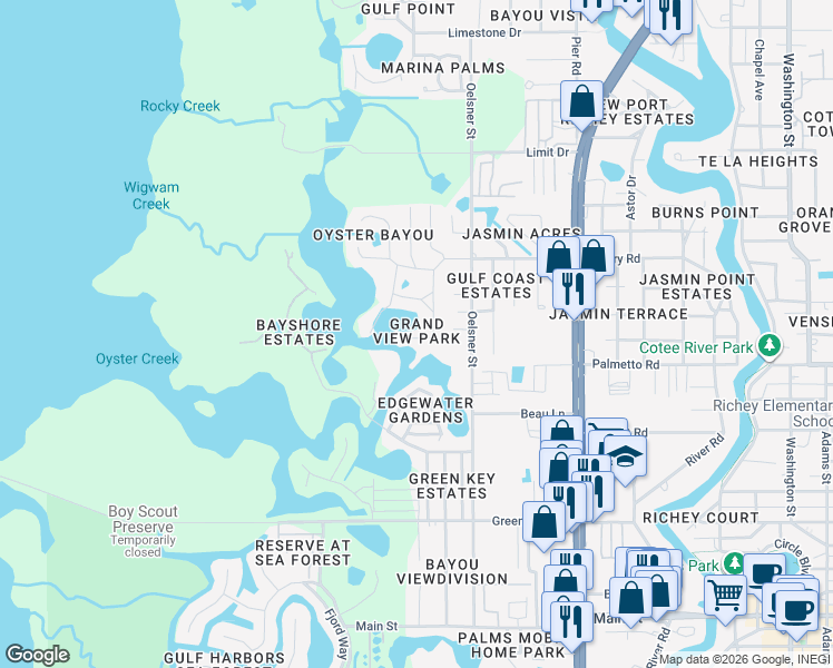 map of restaurants, bars, coffee shops, grocery stores, and more near 7025 Morningstar Lane in New Port Richey