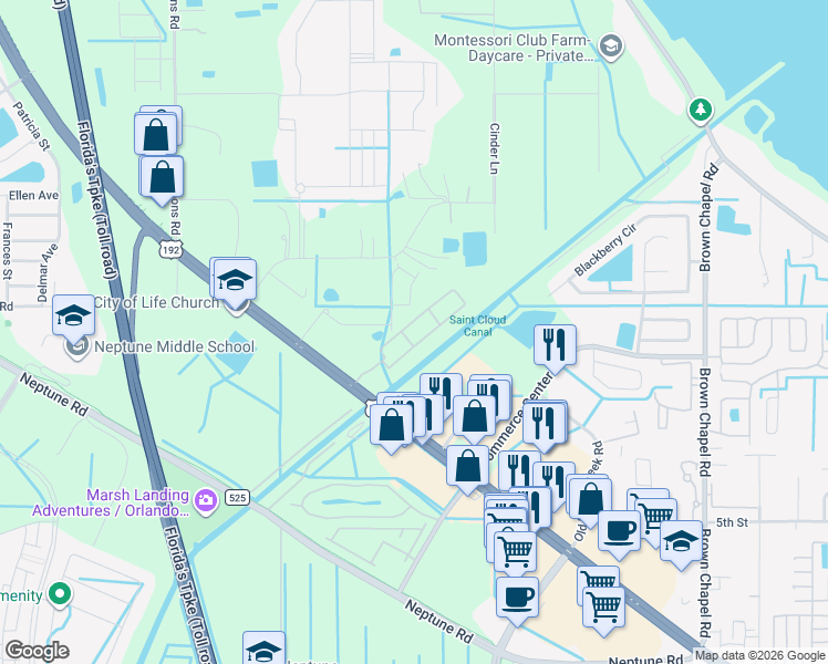 map of restaurants, bars, coffee shops, grocery stores, and more near 251 Saint Cloud Village Court in Kissimmee