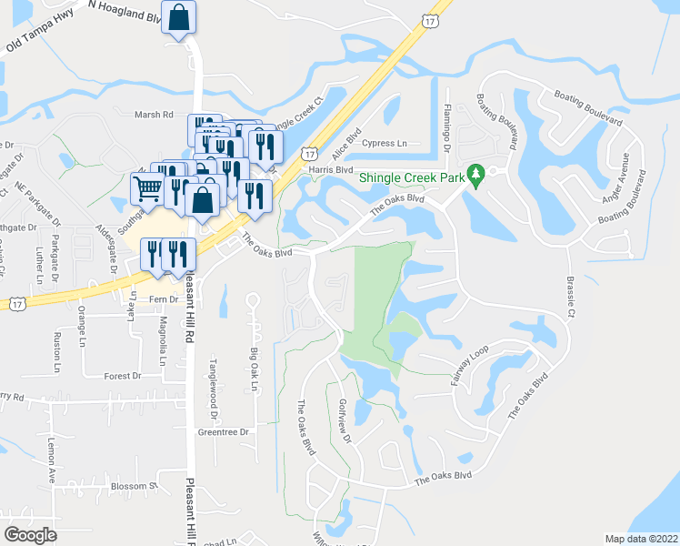 map of restaurants, bars, coffee shops, grocery stores, and more near 2828 Osprey Cove Place in Kissimmee