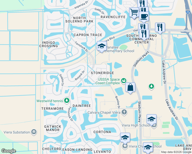 map of restaurants, bars, coffee shops, grocery stores, and more near 5830 Claiborne Street in Melbourne