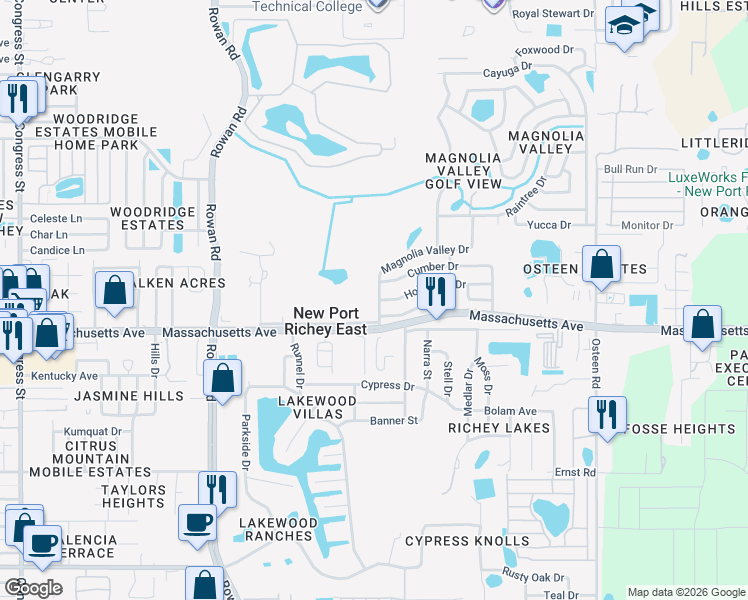 map of restaurants, bars, coffee shops, grocery stores, and more near 7043 Magnolia Valley Drive in New Port Richey