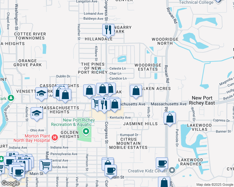 map of restaurants, bars, coffee shops, grocery stores, and more near 7045 Bellaire Terrace in New Port Richey
