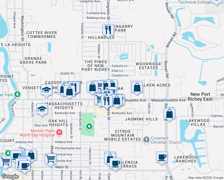 map of restaurants, bars, coffee shops, grocery stores, and more near 7032 Congress Street in New Port Richey