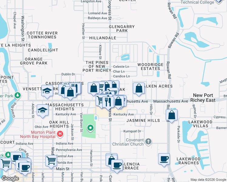 map of restaurants, bars, coffee shops, grocery stores, and more near 7032 Congress Street in New Port Richey