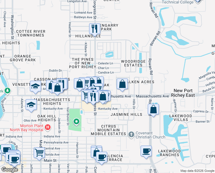 map of restaurants, bars, coffee shops, grocery stores, and more near 7045 Bellaire Terrace in New Port Richey
