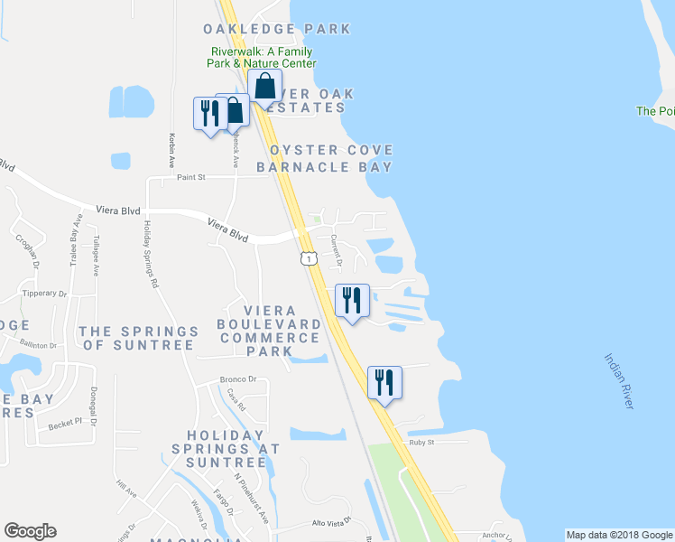 map of restaurants, bars, coffee shops, grocery stores, and more near 179 Bluefish Place in Rockledge