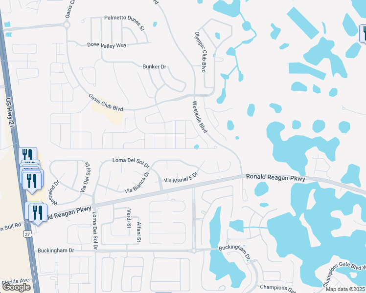 map of restaurants, bars, coffee shops, grocery stores, and more near 1598 Sandbagger Drive in Davenport