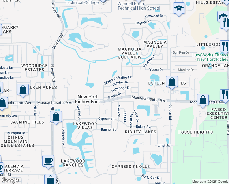 map of restaurants, bars, coffee shops, grocery stores, and more near 7510 Hollyridge Drive in New Port Richey