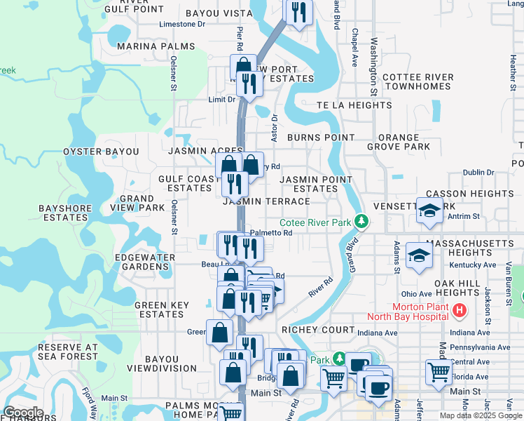 map of restaurants, bars, coffee shops, grocery stores, and more near 7049 Astor Drive in Port Richey