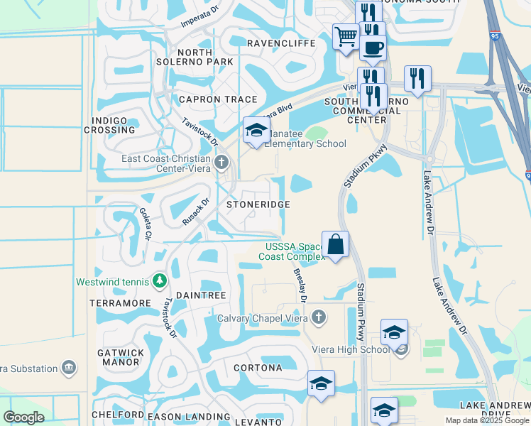 map of restaurants, bars, coffee shops, grocery stores, and more near 5778 Tamarac Drive in Melbourne