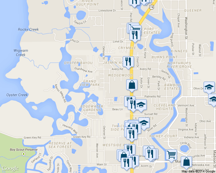 map of restaurants, bars, coffee shops, grocery stores, and more near 7045 Oakwood Drive in New Port Richey