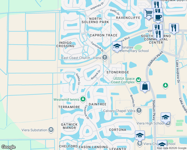 map of restaurants, bars, coffee shops, grocery stores, and more near 5961 Rusack Drive in Melbourne