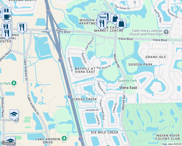 map of restaurants, bars, coffee shops, grocery stores, and more near 2026 Deercroft Drive in Melbourne