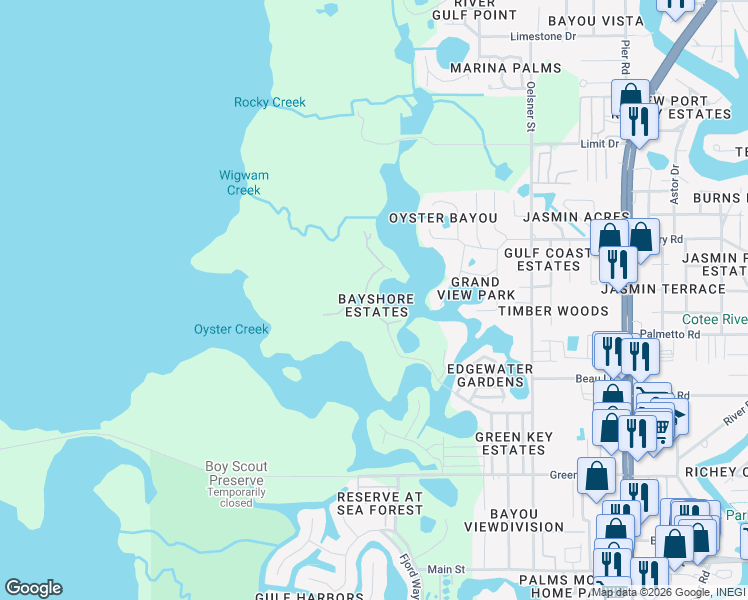 map of restaurants, bars, coffee shops, grocery stores, and more near 7048 Manor Beach Road in New Port Richey