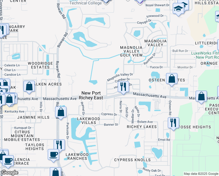 map of restaurants, bars, coffee shops, grocery stores, and more near 7049 Magnolia Valley Drive in New Port Richey