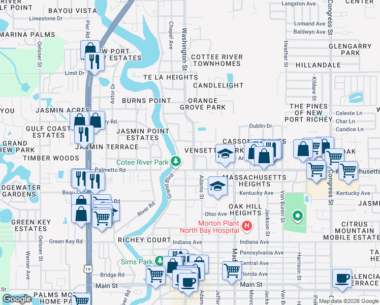 map of restaurants, bars, coffee shops, grocery stores, and more near 7051 Washington Street in New Port Richey