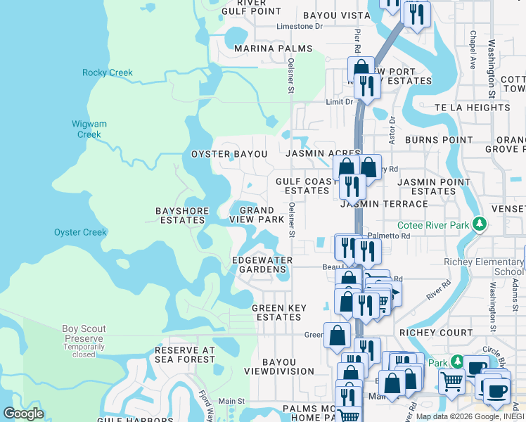 map of restaurants, bars, coffee shops, grocery stores, and more near 7025 Morningstar Lane in New Port Richey