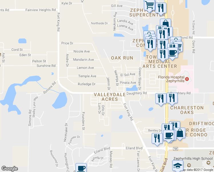 map of restaurants, bars, coffee shops, grocery stores, and more near 37424 Rutledge Drive in Zephyrhills