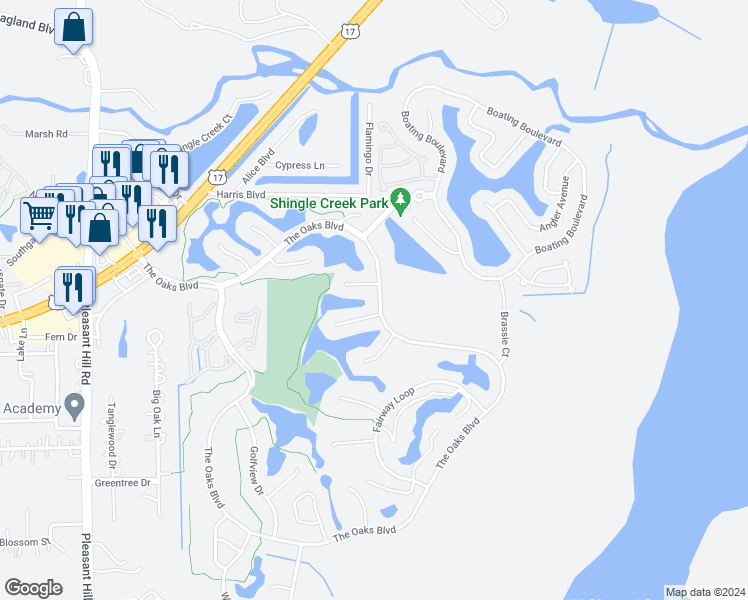 map of restaurants, bars, coffee shops, grocery stores, and more near 2470 The Oaks Boulevard in Kissimmee