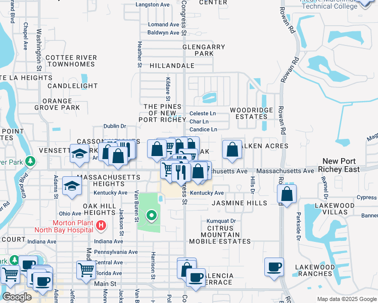 map of restaurants, bars, coffee shops, grocery stores, and more near 7032 Congress Street in New Port Richey