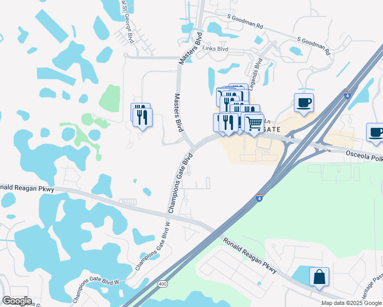 map of restaurants, bars, coffee shops, grocery stores, and more near 8414 Championsgate Boulevard in Davenport
