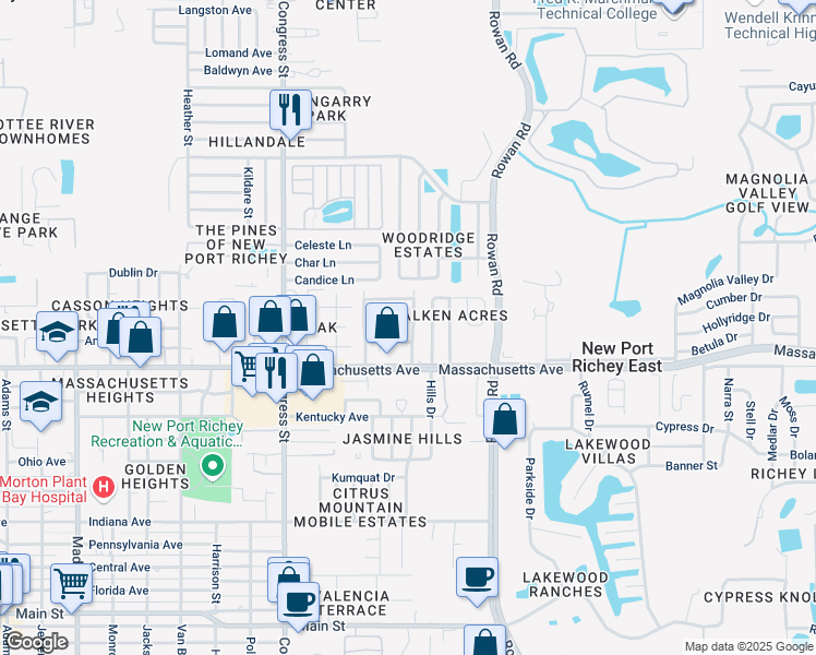 map of restaurants, bars, coffee shops, grocery stores, and more near 6752 Temple Avenue in New Port Richey