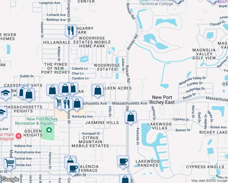 map of restaurants, bars, coffee shops, grocery stores, and more near 7051 Lenox Drive in New Port Richey