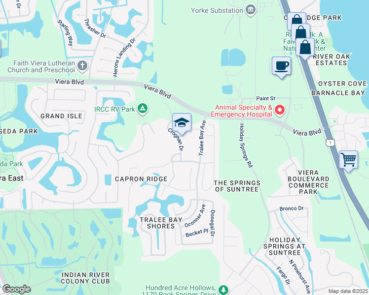 map of restaurants, bars, coffee shops, grocery stores, and more near 1777 Croghan Drive in Melbourne