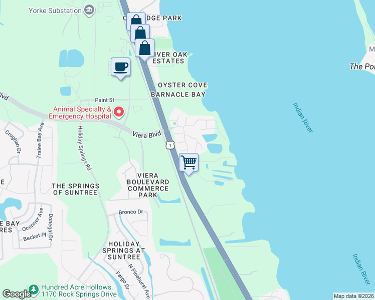 map of restaurants, bars, coffee shops, grocery stores, and more near 173 Bluefish Place in Rockledge