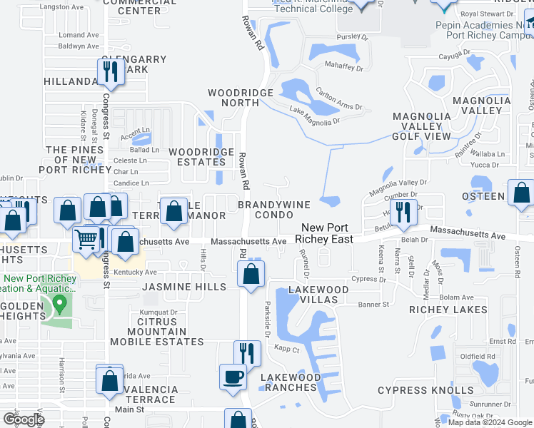 map of restaurants, bars, coffee shops, grocery stores, and more near 7104 Cognac Drive in New Port Richey