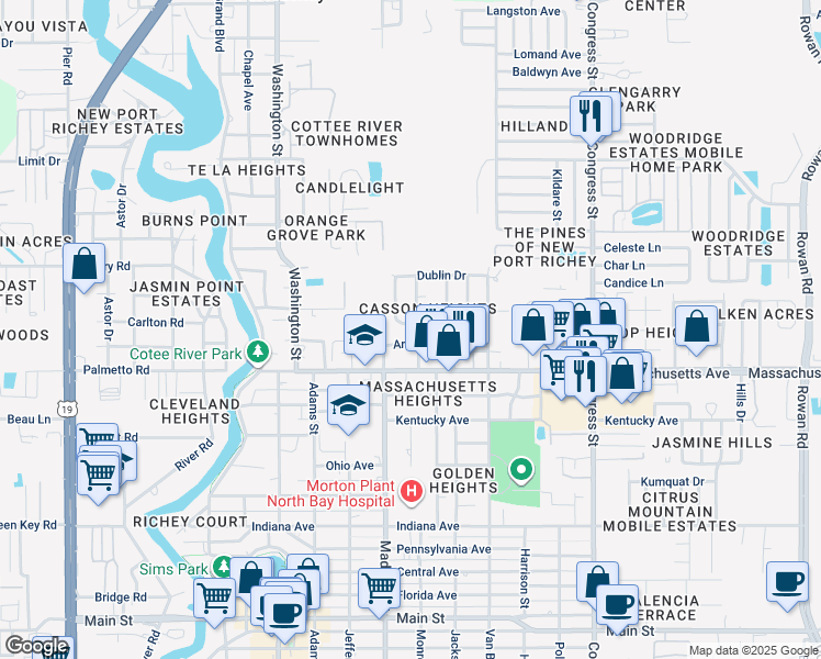 map of restaurants, bars, coffee shops, grocery stores, and more near 6032 Sheelin Drive in New Port Richey
