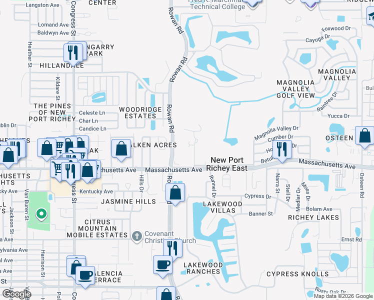 map of restaurants, bars, coffee shops, grocery stores, and more near 7104 Cognac Drive in New Port Richey