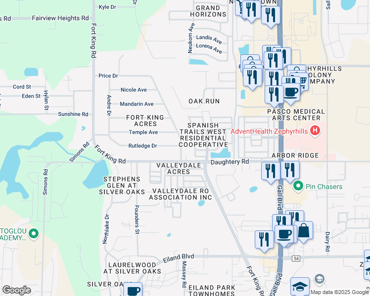 map of restaurants, bars, coffee shops, grocery stores, and more near 37424 Rutledge Drive in Zephyrhills