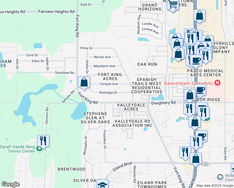 map of restaurants, bars, coffee shops, grocery stores, and more near 37316 Rutledge Drive in Zephyrhills