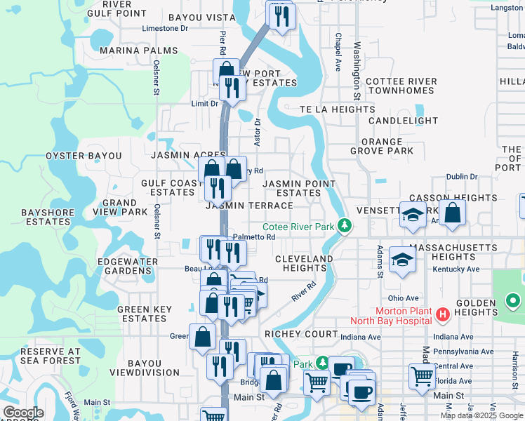 map of restaurants, bars, coffee shops, grocery stores, and more near 7046 Green Street in Port Richey