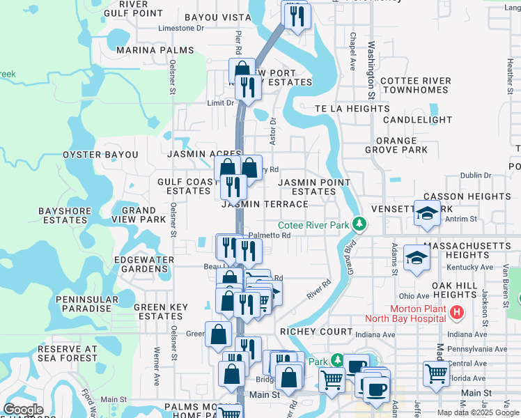 map of restaurants, bars, coffee shops, grocery stores, and more near 5312 Carlton Road in New Port Richey