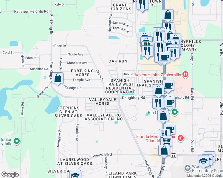 map of restaurants, bars, coffee shops, grocery stores, and more near 7032 Naranja Street in Zephyrhills