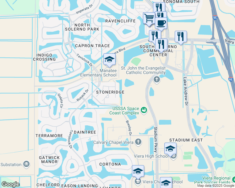 map of restaurants, bars, coffee shops, grocery stores, and more near 5778 Tamarac Drive in Melbourne
