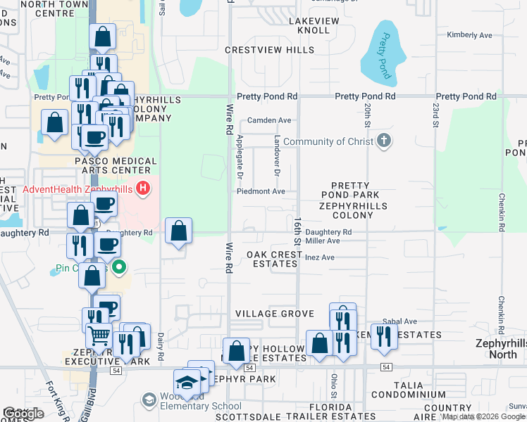 map of restaurants, bars, coffee shops, grocery stores, and more near 38608 Banes Drive in Zephyrhills