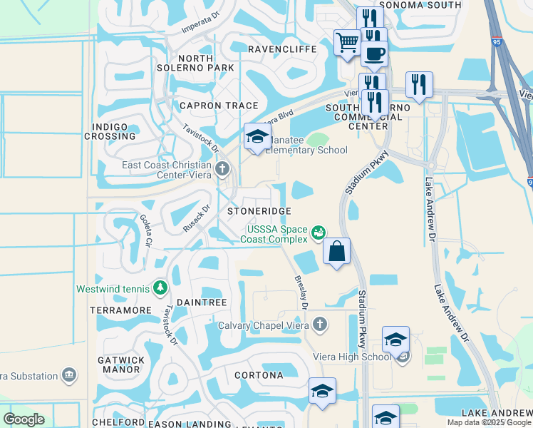 map of restaurants, bars, coffee shops, grocery stores, and more near 5748 Tamarac Drive in Melbourne